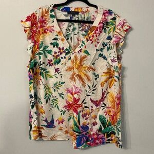 2X Bird and Floral Print Shirt Rachel Roy PLUS SIZE Resort Tropical Vacation